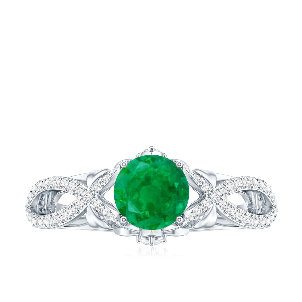 Emerald Engagement Ring – Designer Crossover Shank with Hidden Diamond Flower Accent