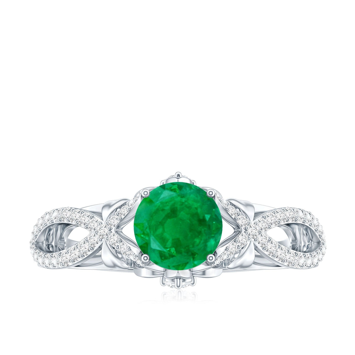 Emerald Engagement Ring – Designer Crossover Shank with Hidden Diamond Flower Accent