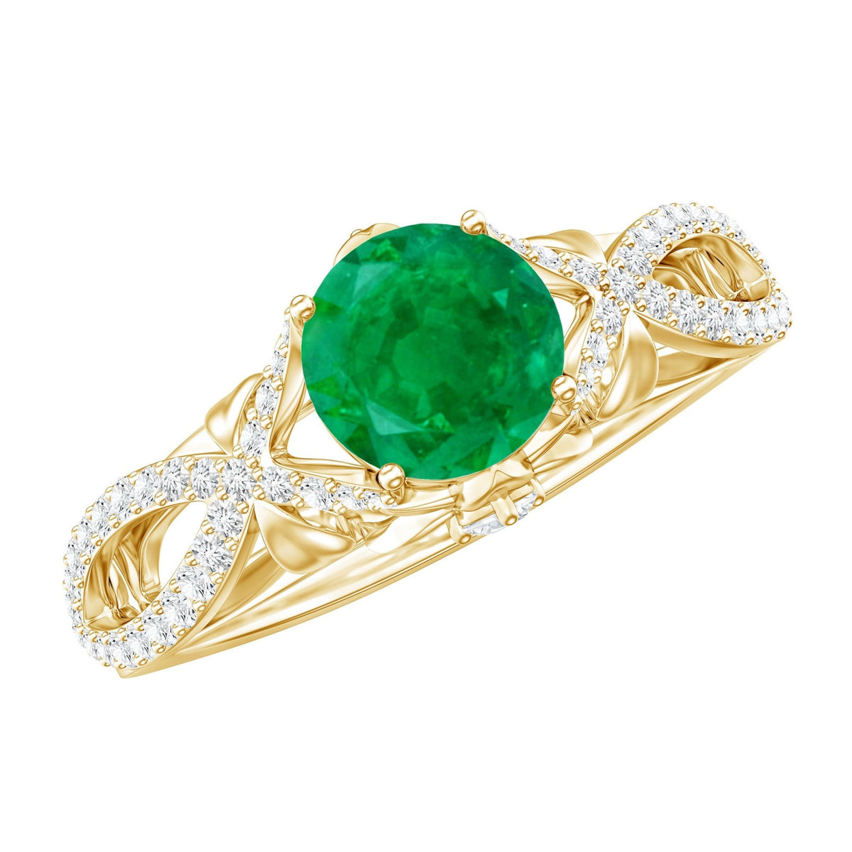 Emerald Engagement Ring – Designer Crossover Shank with Hidden Diamond Flower Accent