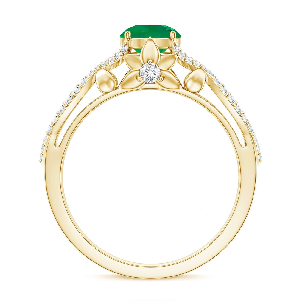 Emerald Engagement Ring – Designer Crossover Shank with Hidden Diamond Flower Accent