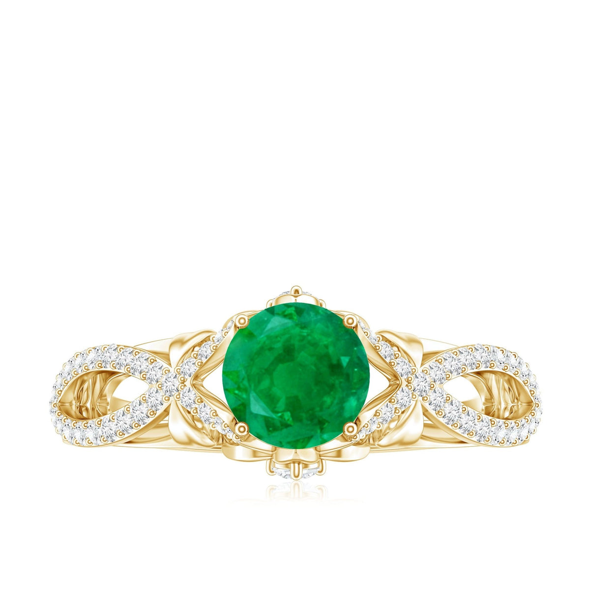Emerald Engagement Ring – Designer Crossover Shank with Hidden Diamond Flower Accent