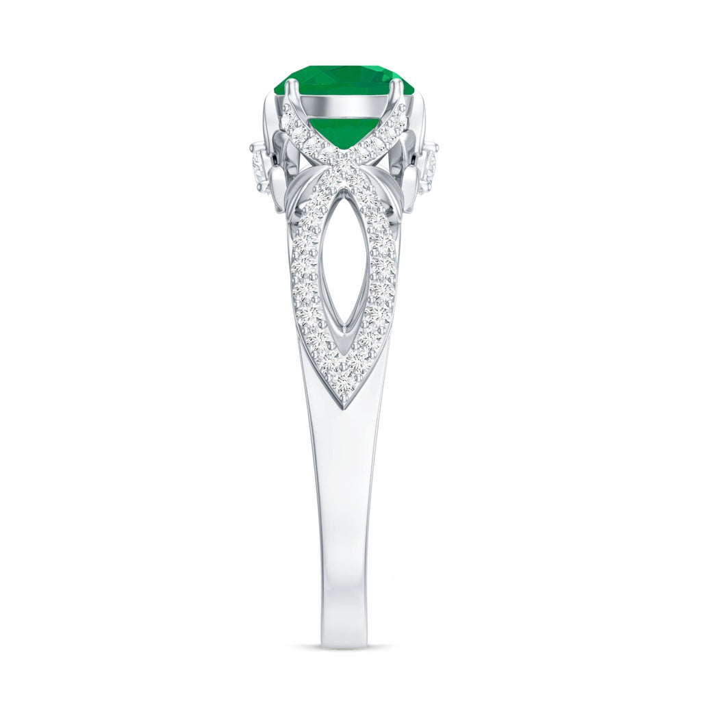 Emerald Engagement Ring – Designer Crossover Shank with Hidden Diamond Flower Accent