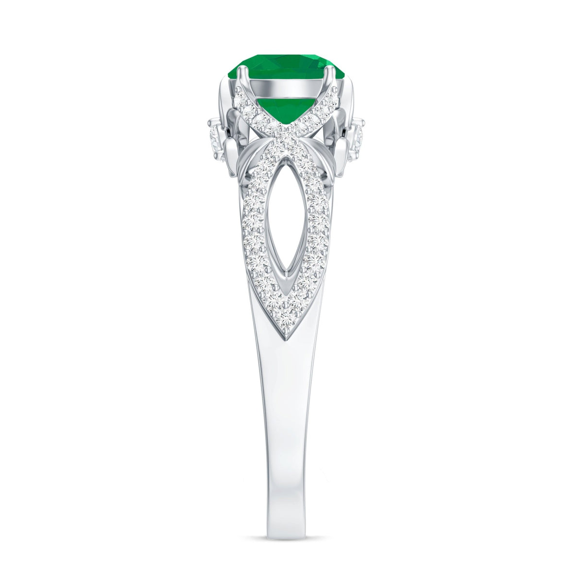 Emerald Engagement Ring – Designer Crossover Shank with Hidden Diamond Flower Accent