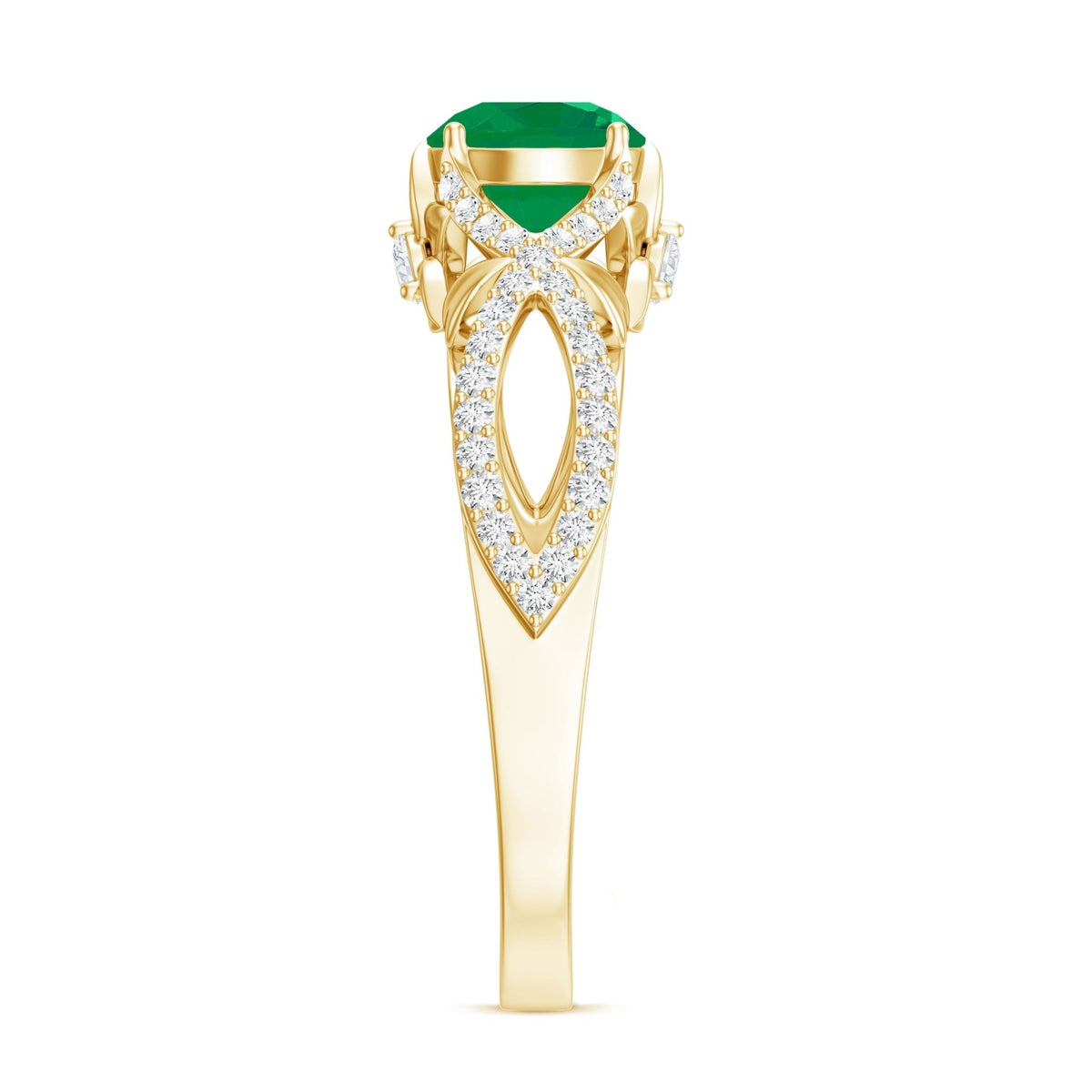 Emerald Engagement Ring – Designer Crossover Shank with Hidden Diamond Flower Accent