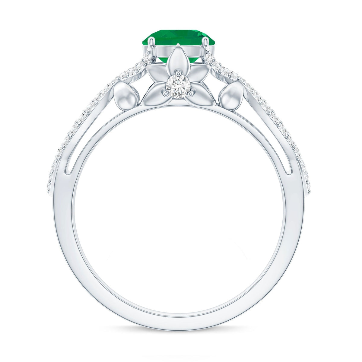 Emerald Engagement Ring – Designer Crossover Shank with Hidden Diamond Flower Accent