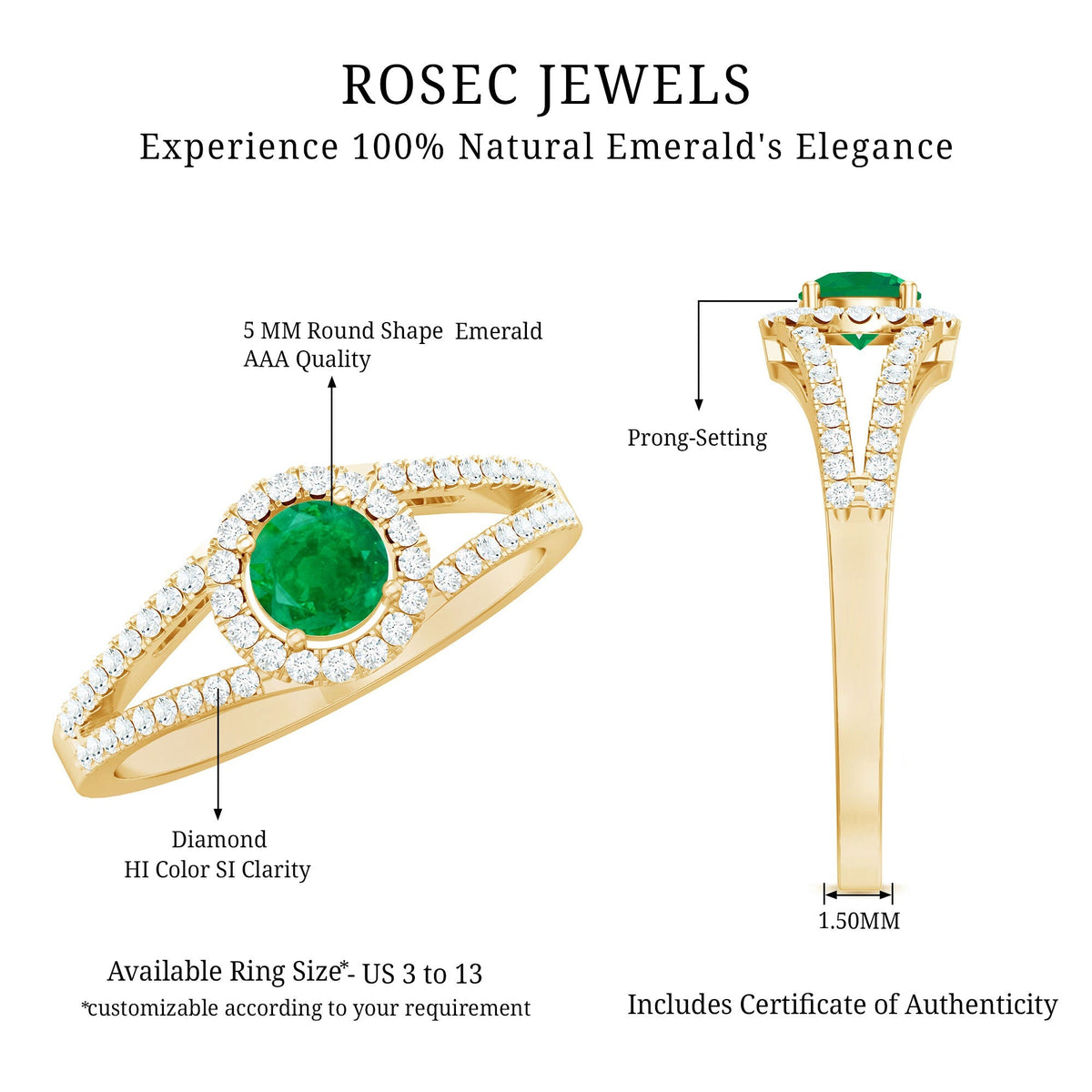 Emerald Engagement Ring - Diamond Halo Split Shank Classic Fine Jewelry