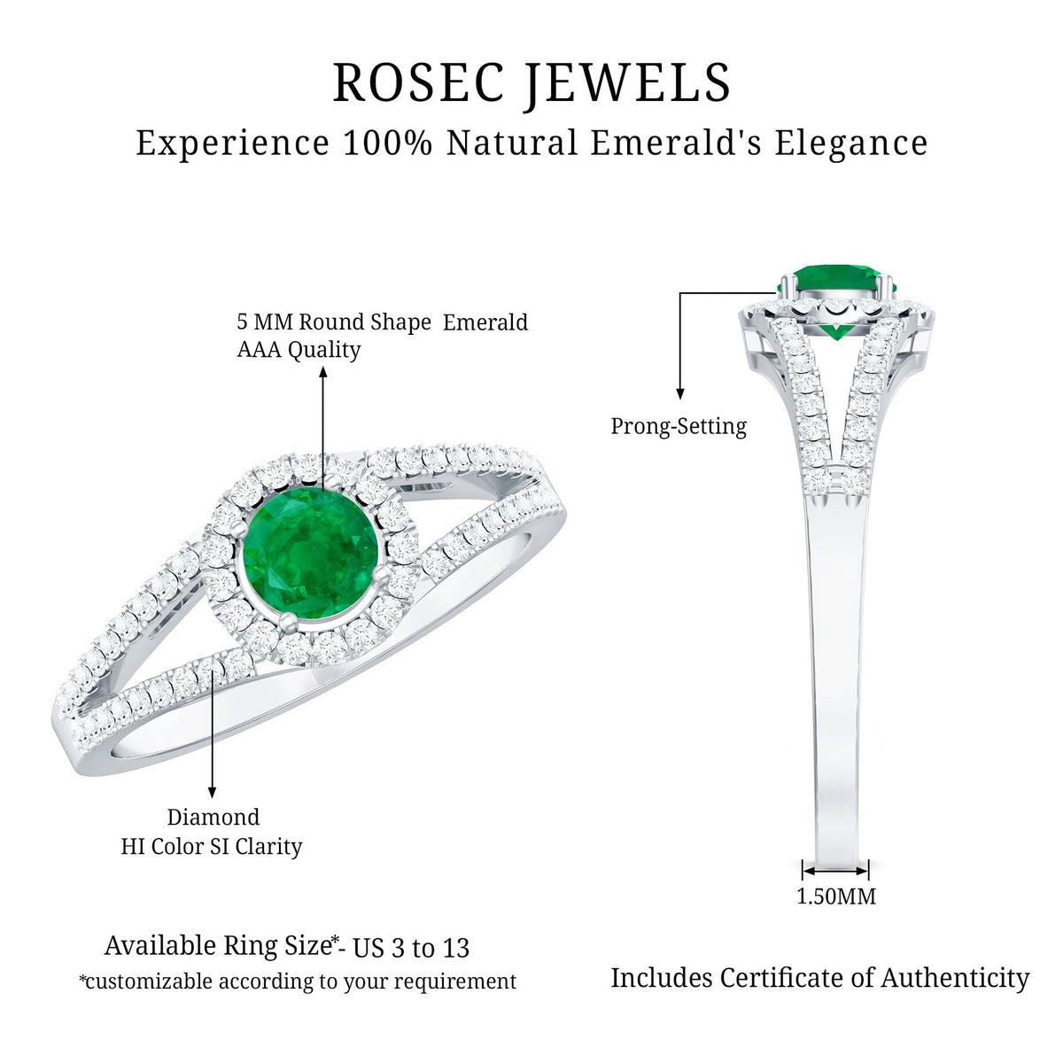 Emerald Engagement Ring - Diamond Halo Split Shank Classic Fine Jewelry