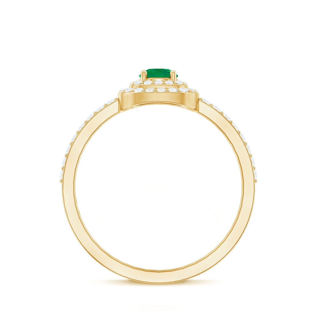 Emerald Engagement Ring - Double Halo Diamond Band With AAA Quality Emerald