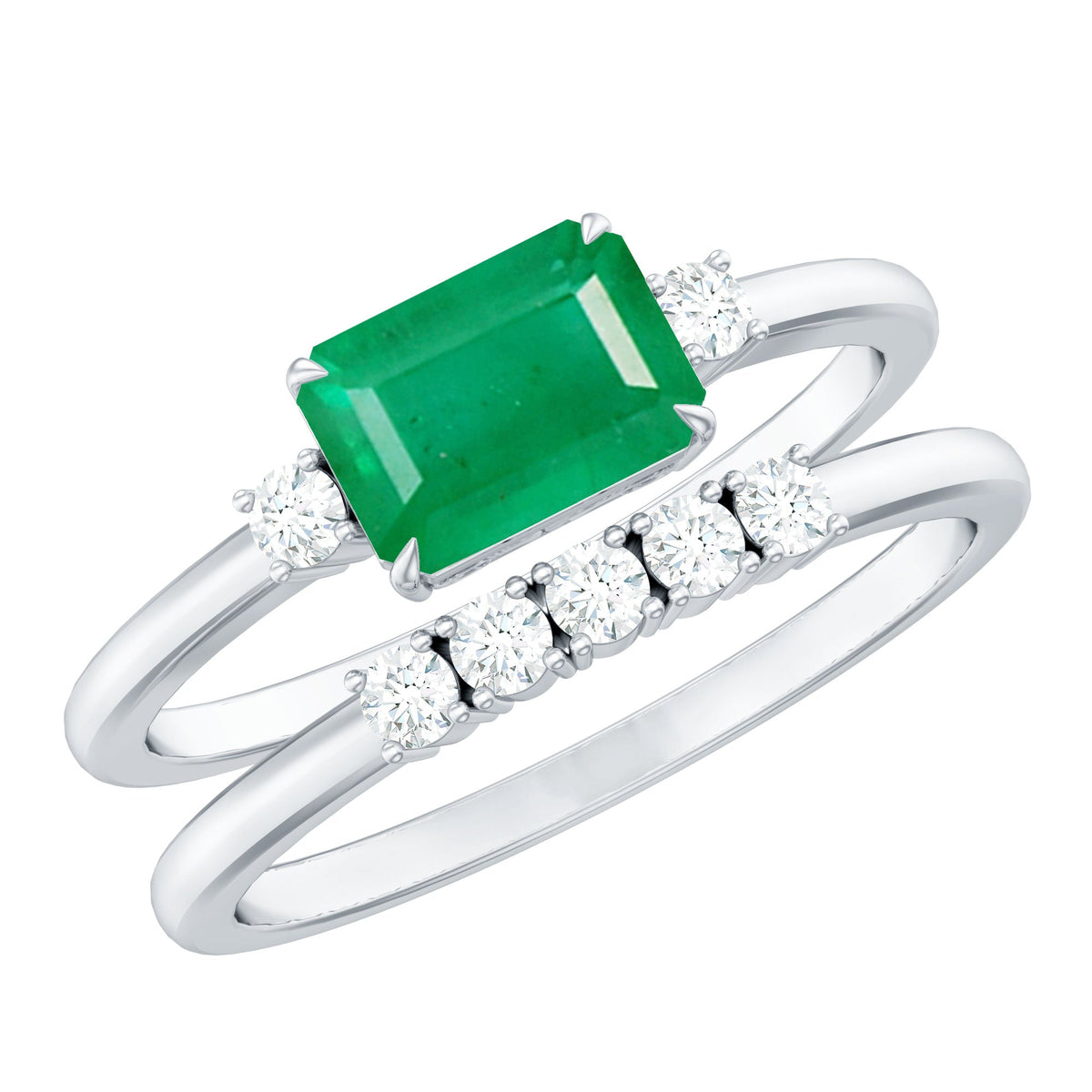 Emerald Engagement Ring East West Set – Emerald Cut Ring with Diamond Wedding Band