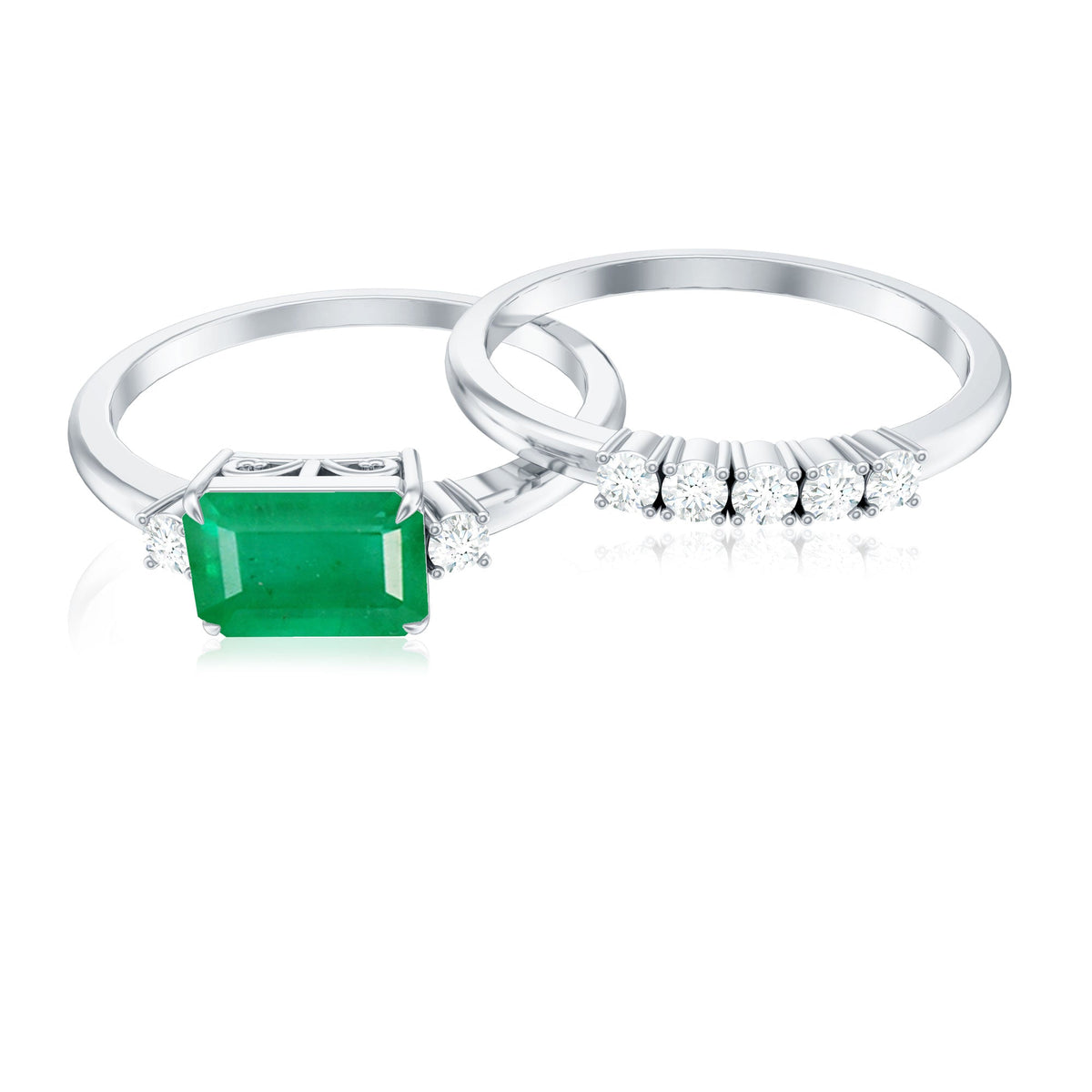 Emerald Engagement Ring East West Set – Emerald Cut Ring with Diamond Wedding Band
