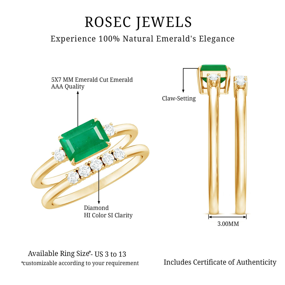 Emerald Engagement Ring East West Set – Emerald Cut Ring with Diamond Wedding Band