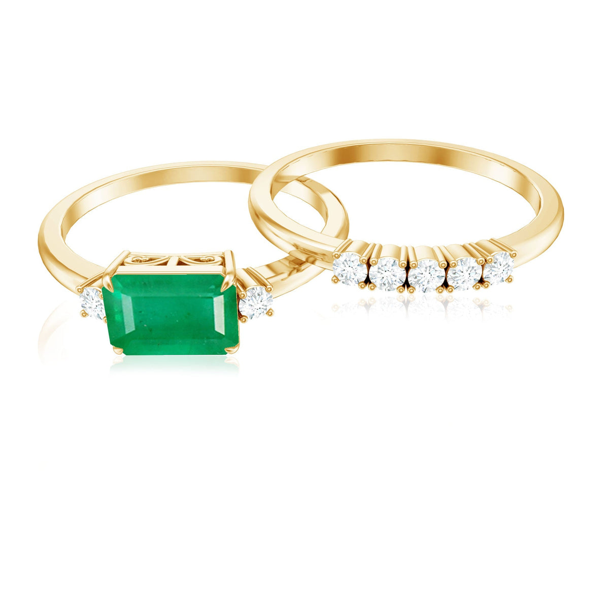 Emerald Engagement Ring East West Set – Emerald Cut Ring with Diamond Wedding Band