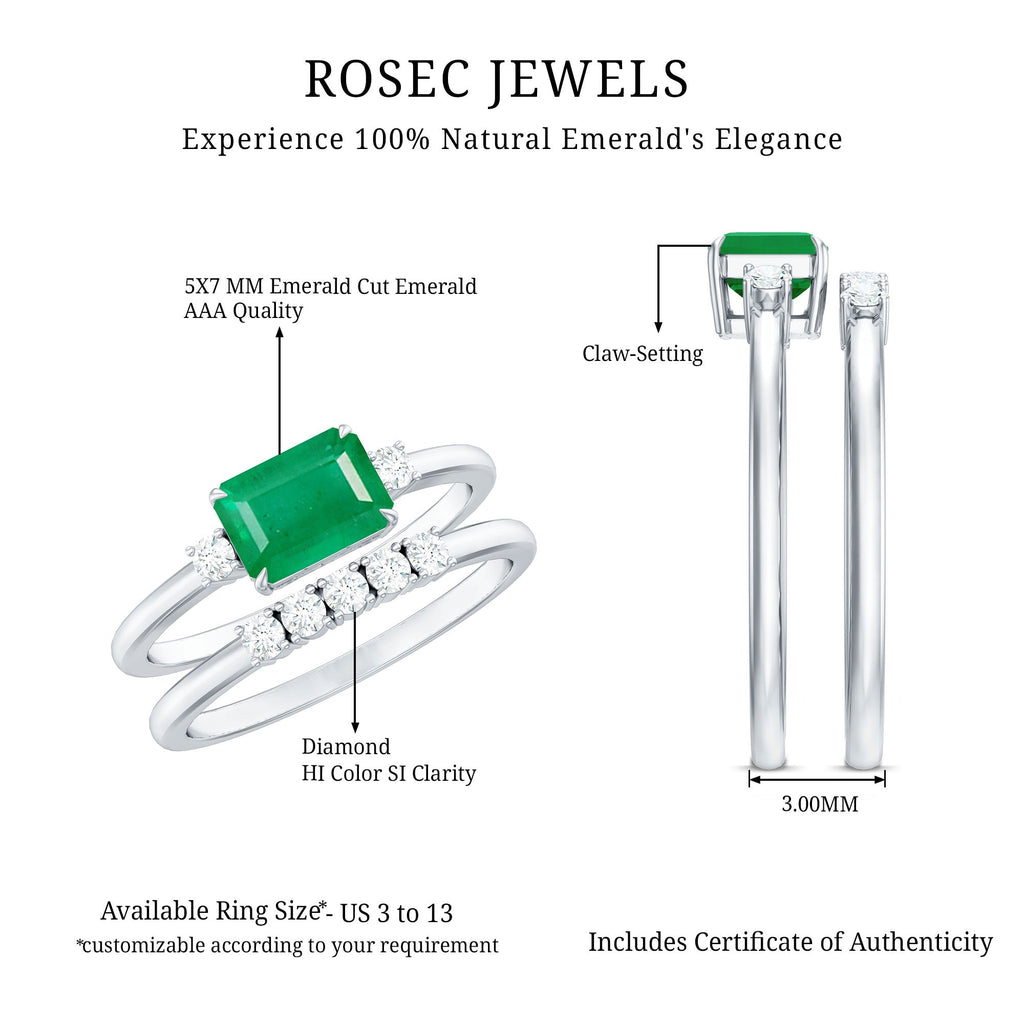 Emerald Engagement Ring East West Set – Emerald Cut Ring with Diamond Wedding Band