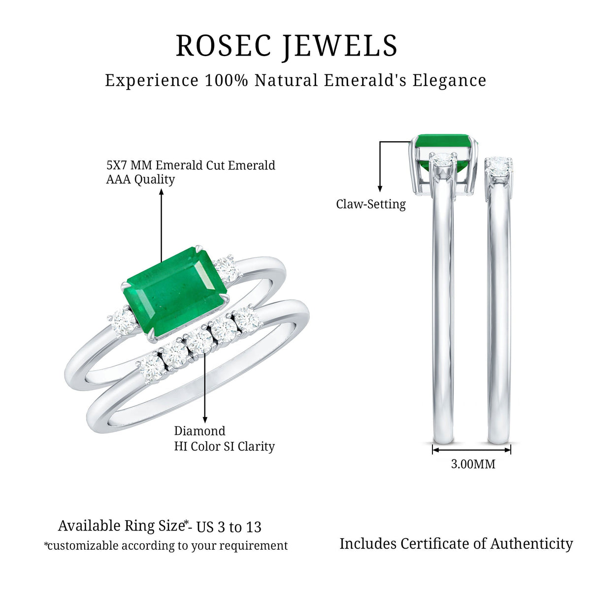 Emerald Engagement Ring East West Set – Emerald Cut Ring with Diamond Wedding Band