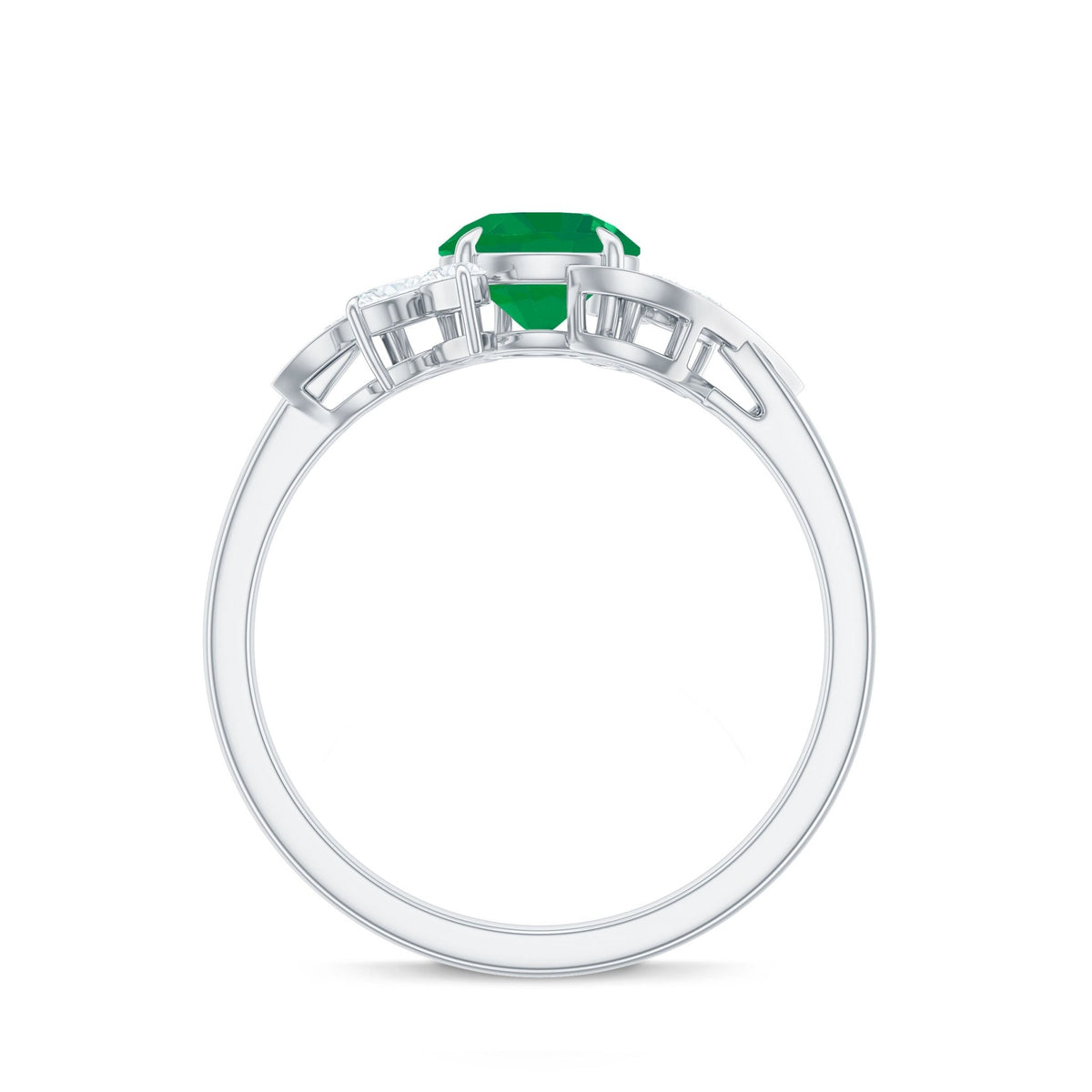 Emerald Engagement Ring Featuring Natural Emerald Stone, Marquise Diamond Accents & Leaf Motif