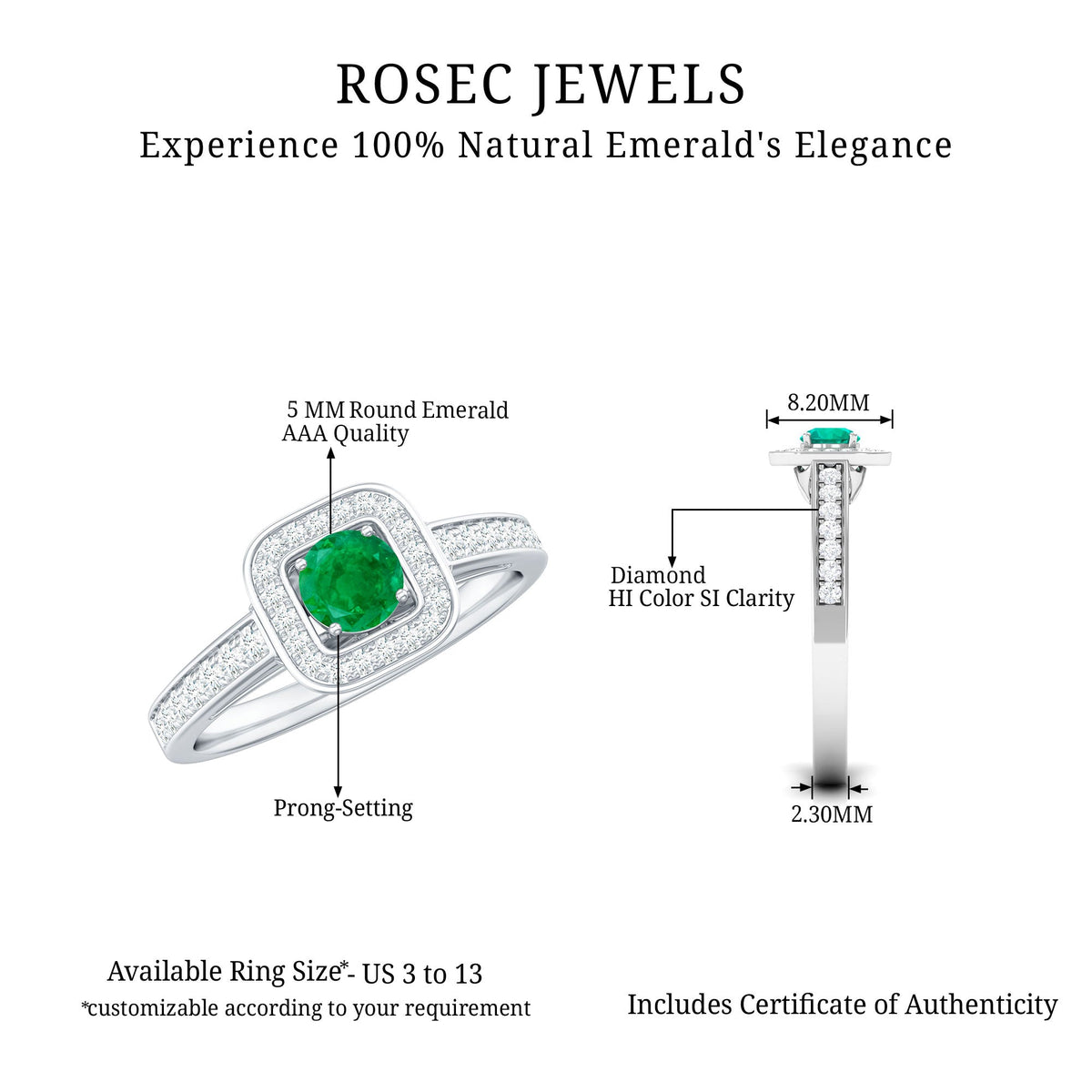 Emerald Engagement Ring – Half Carat Round Cut Emerald with Diamond Halo Band