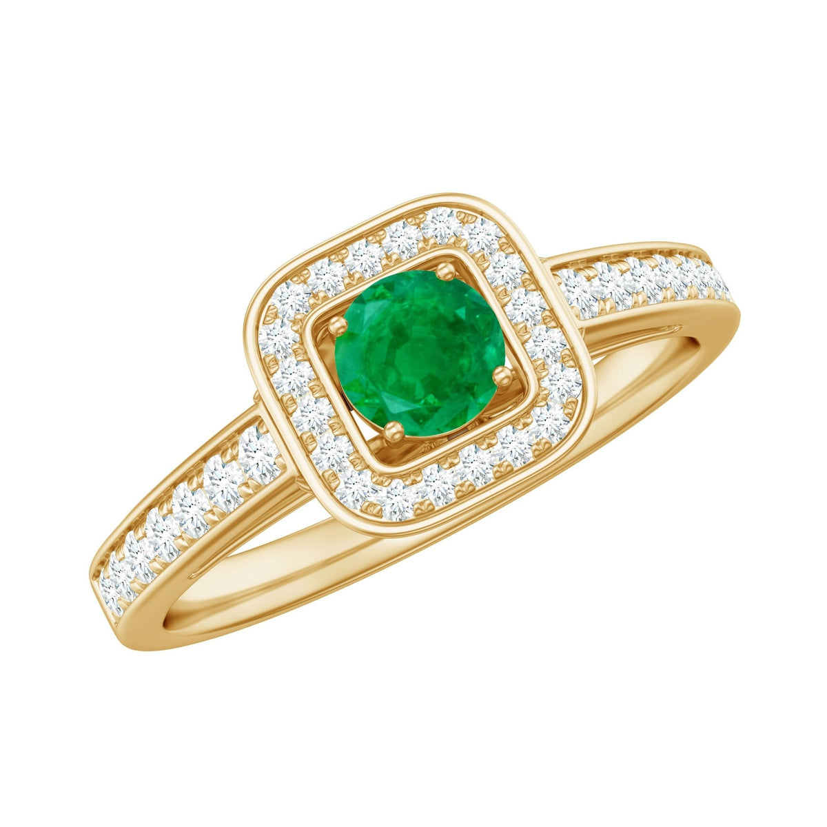 Emerald Engagement Ring – Half Carat Round Cut Emerald with Diamond Halo Band