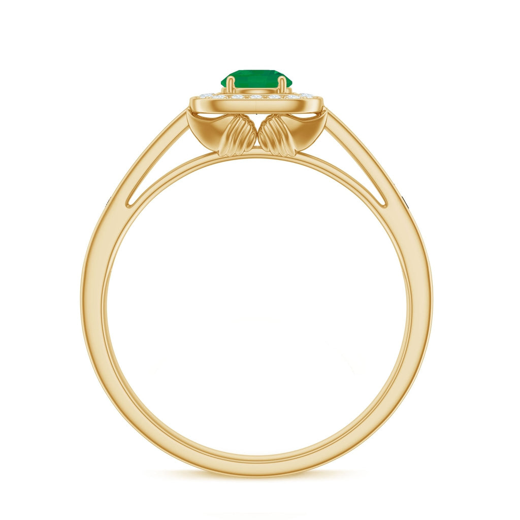 Emerald Engagement Ring – Half Carat Round Cut Emerald with Diamond Halo Band
