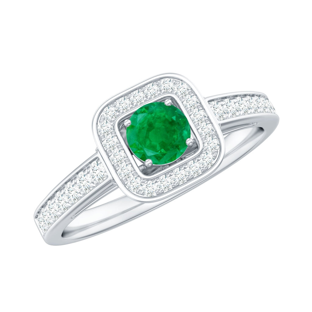 Emerald Engagement Ring – Half Carat Round Cut Emerald with Diamond Halo Band