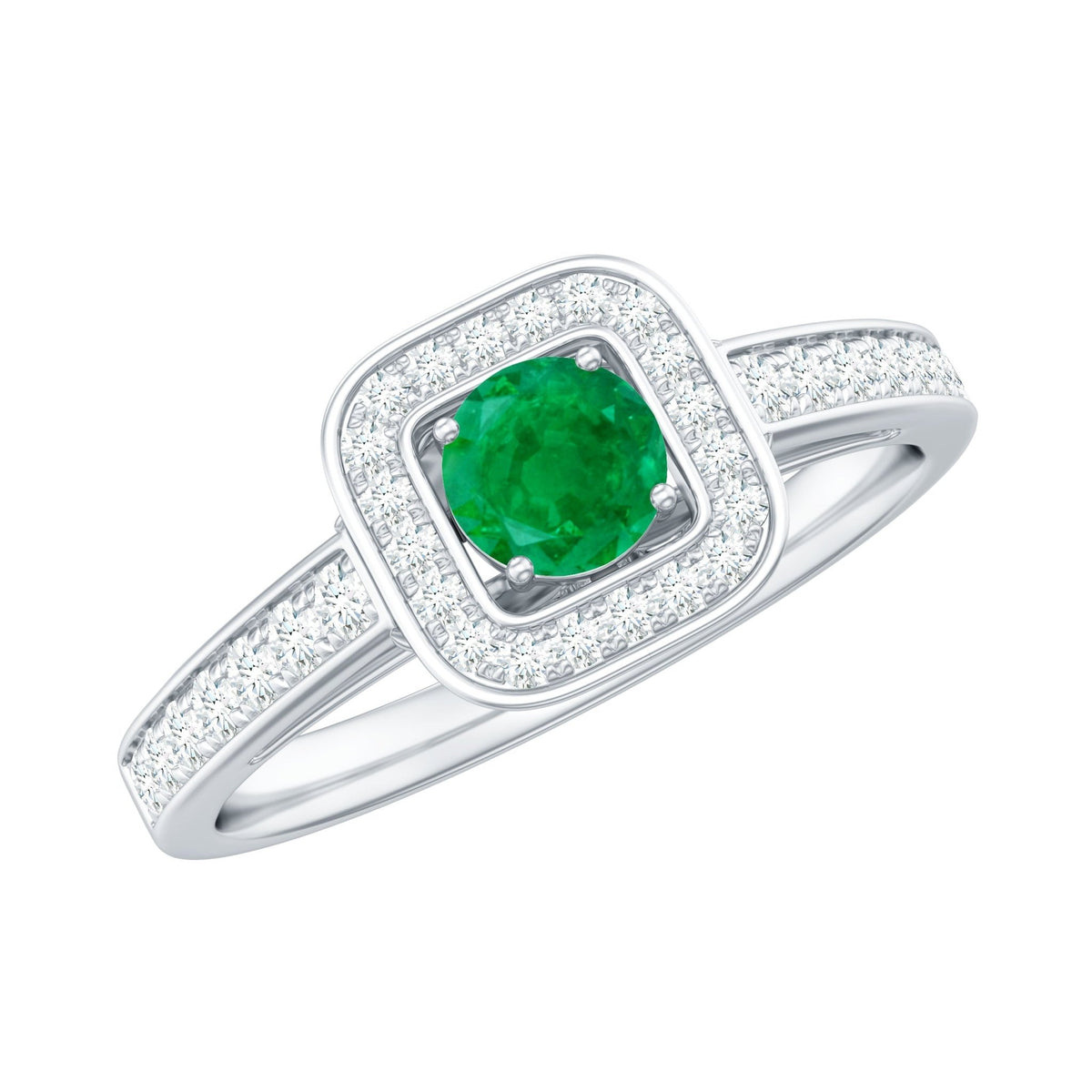 Emerald Engagement Ring – Half Carat Round Cut Emerald with Diamond Halo Band