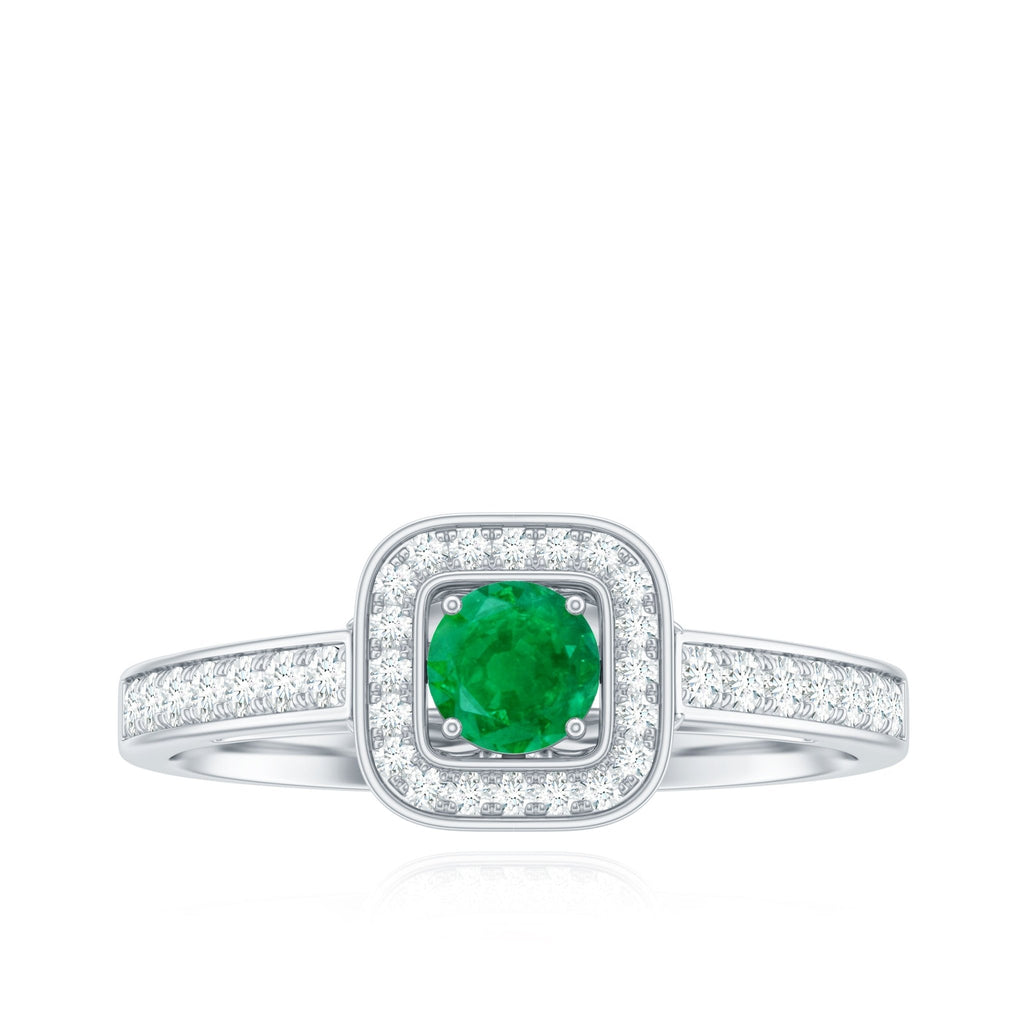 Emerald Engagement Ring – Half Carat Round Cut Emerald with Diamond Halo Band