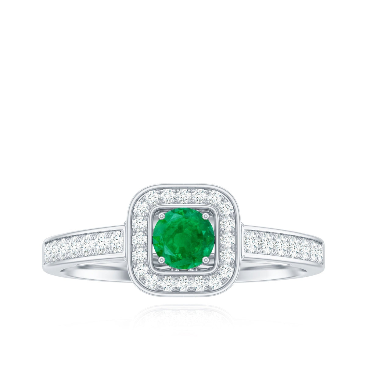 Emerald Engagement Ring – Half Carat Round Cut Emerald with Diamond Halo Band