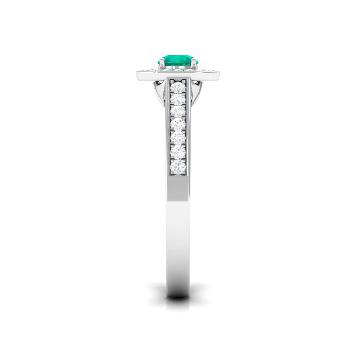 Emerald Engagement Ring – Half Carat Round Cut Emerald with Diamond Halo Band