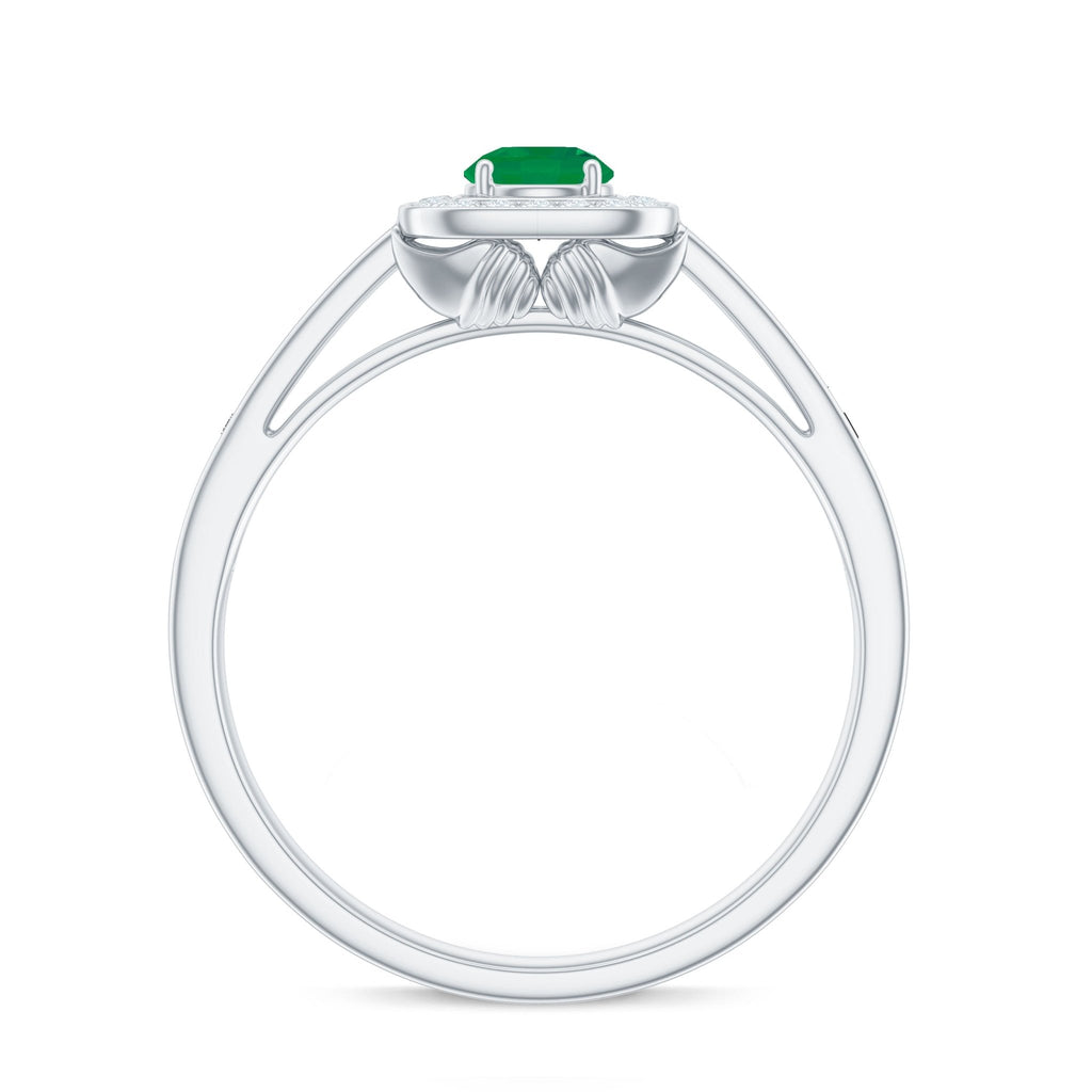 Emerald Engagement Ring – Half Carat Round Cut Emerald with Diamond Halo Band