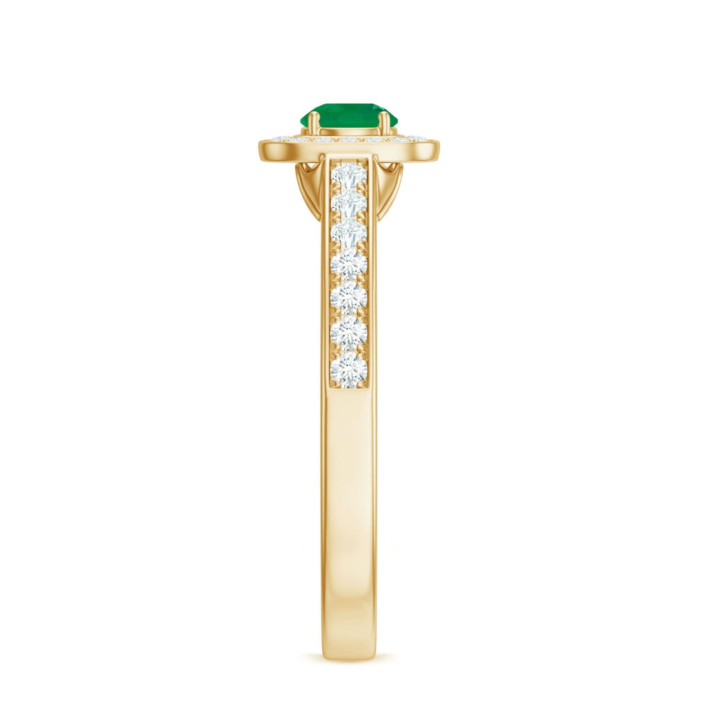 Emerald Engagement Ring – Half Carat Round Cut Emerald with Diamond Halo Band