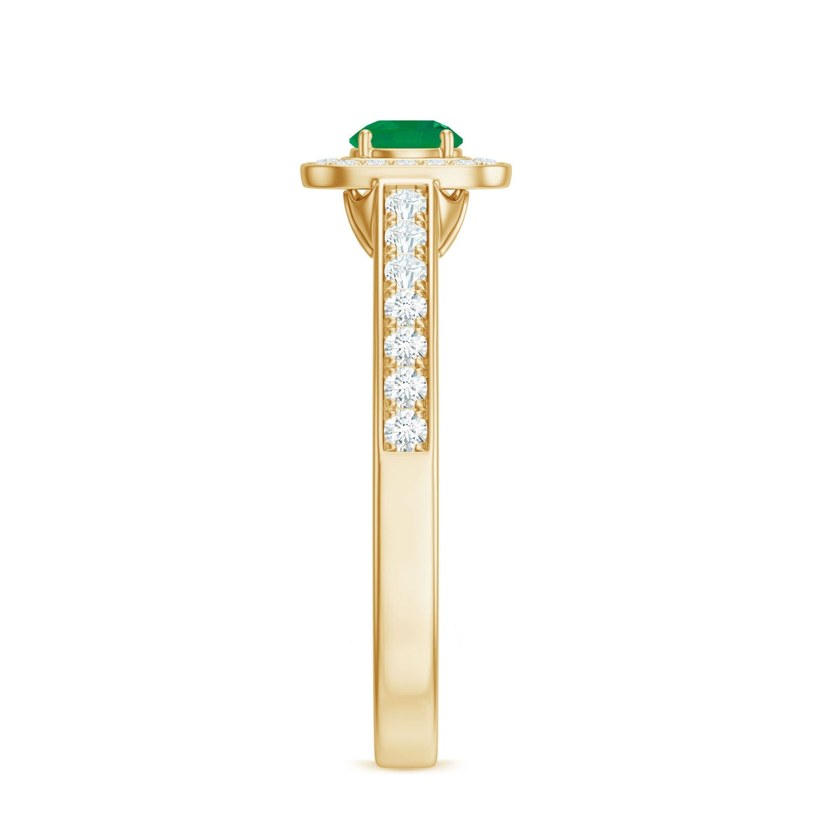 Emerald Engagement Ring – Half Carat Round Cut Emerald with Diamond Halo Band