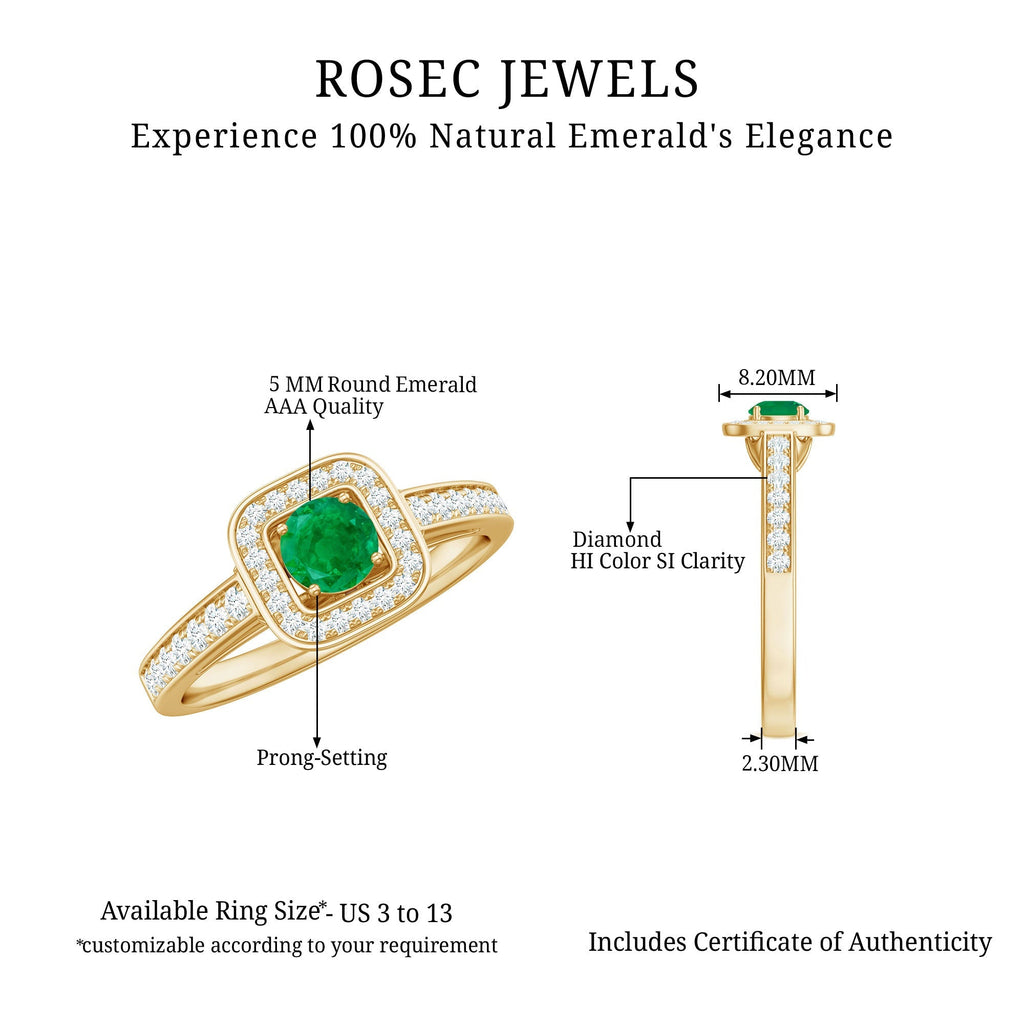Emerald Engagement Ring – Half Carat Round Cut Emerald with Diamond Halo Band