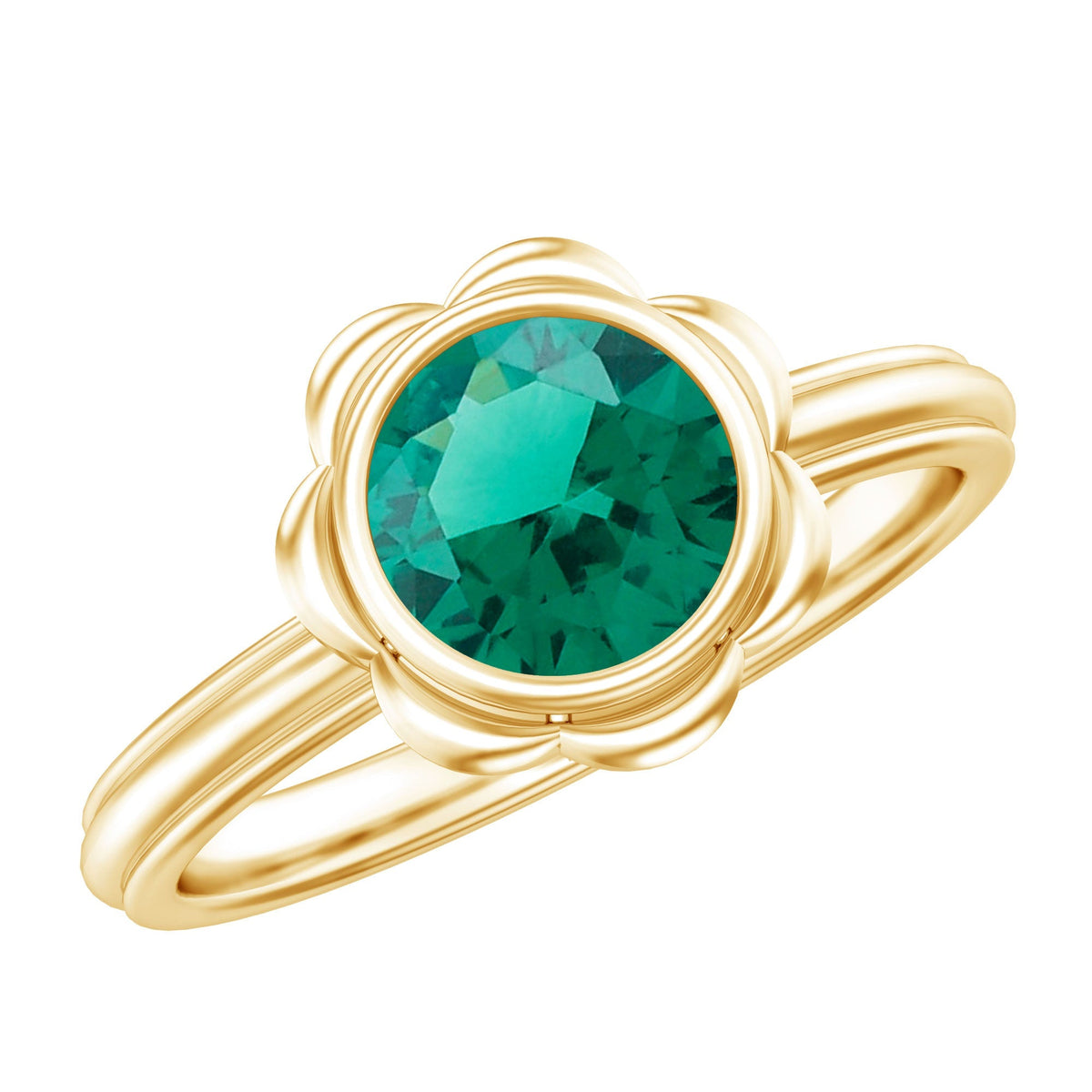Emerald Engagement Ring - Lab Created 7MM Round Cut Bezel Set Floral Design