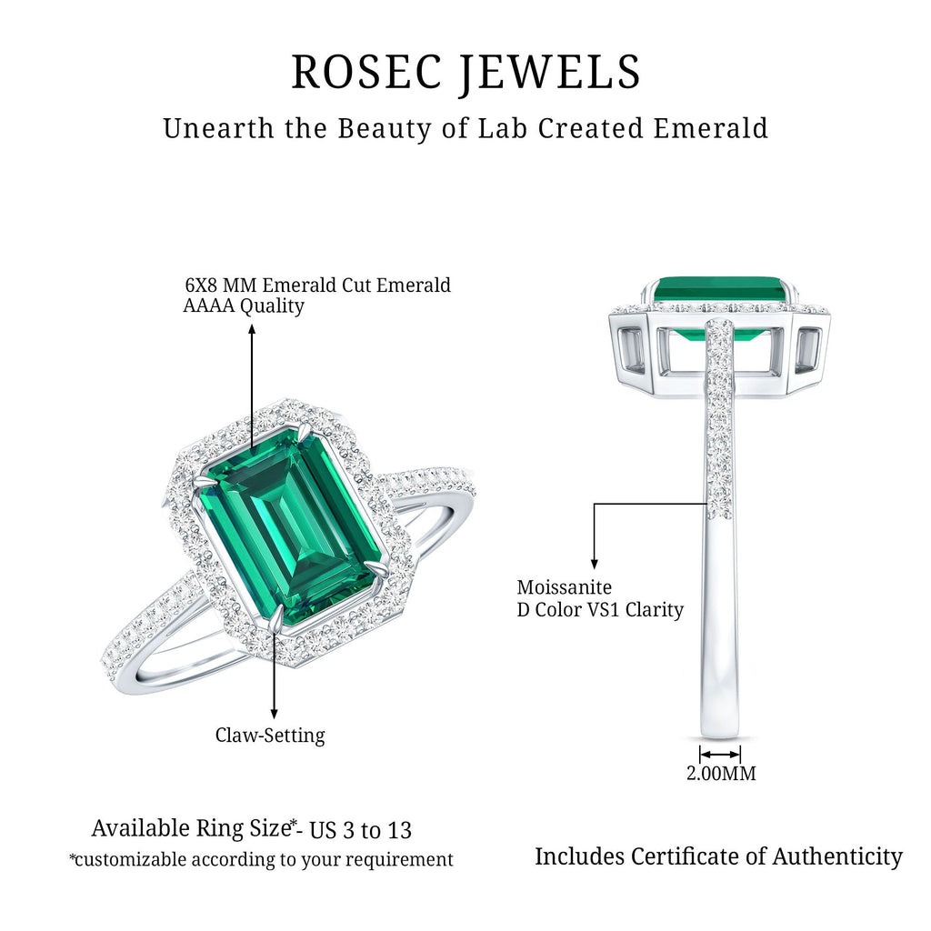 Emerald Engagement Ring – Lab Created Emerald Cut With Moissanite Halo & Side Stones