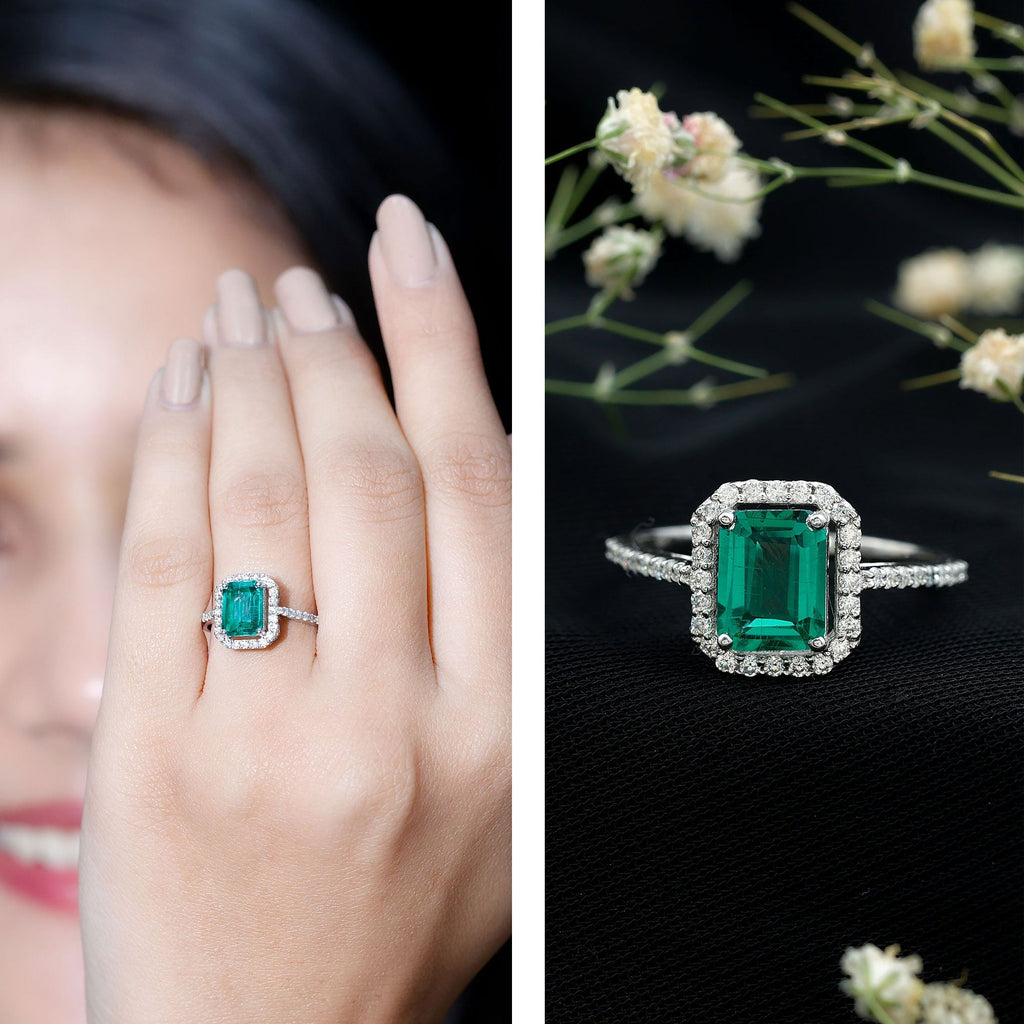 Emerald Engagement Ring – Lab Created Emerald Cut With Moissanite Halo & Side Stones