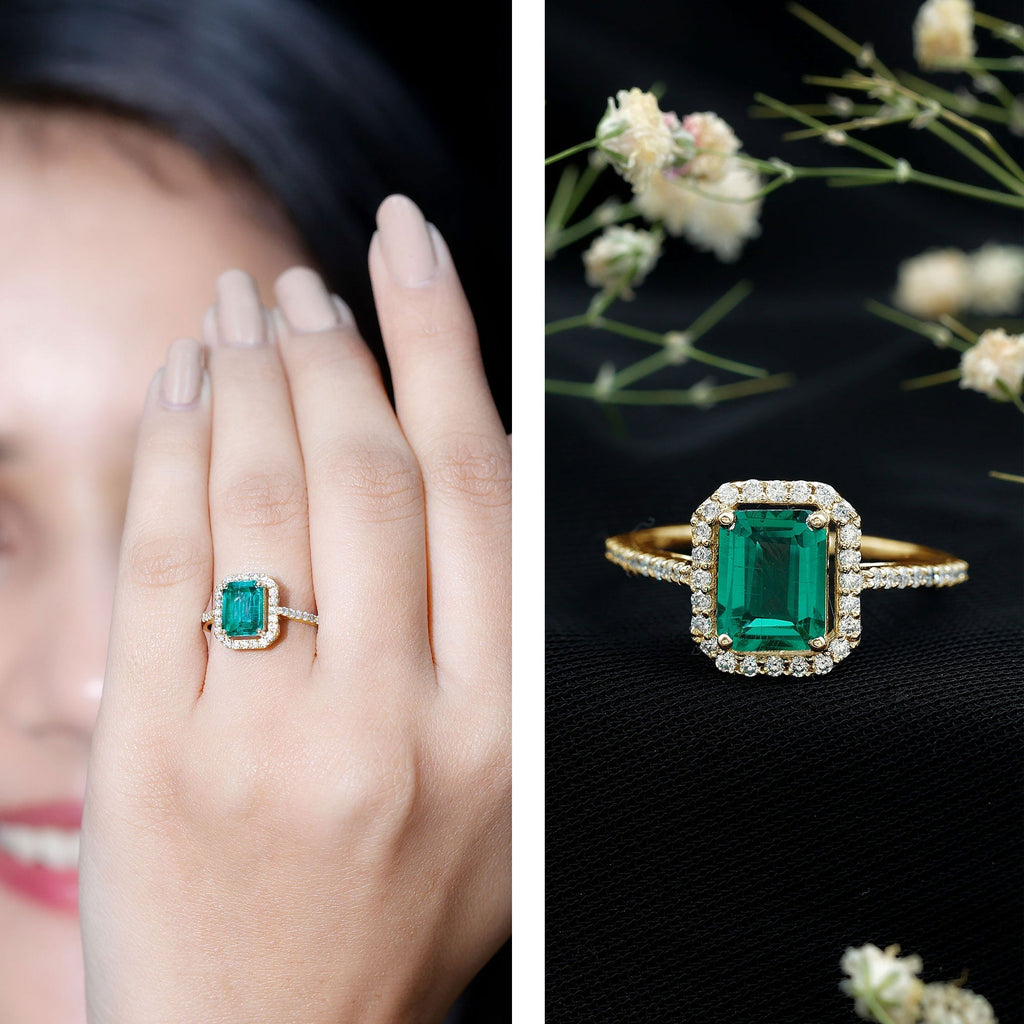 Emerald Engagement Ring – Lab Created Emerald Cut With Moissanite Halo & Side Stones