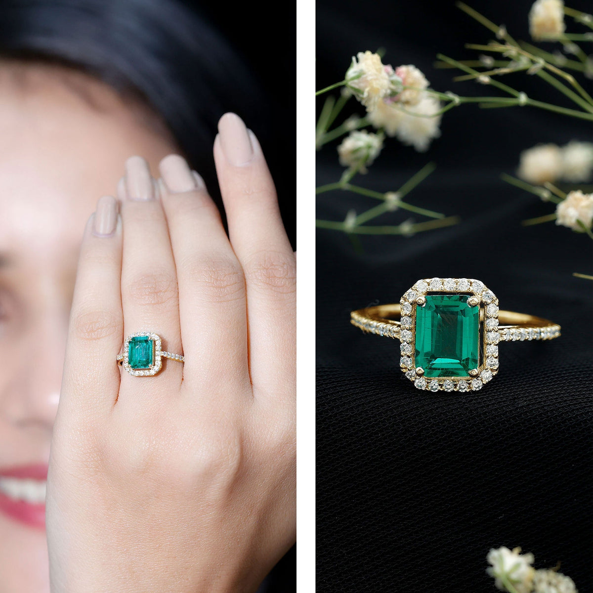 Emerald Engagement Ring – Lab Created Emerald Cut With Moissanite Halo & Side Stones