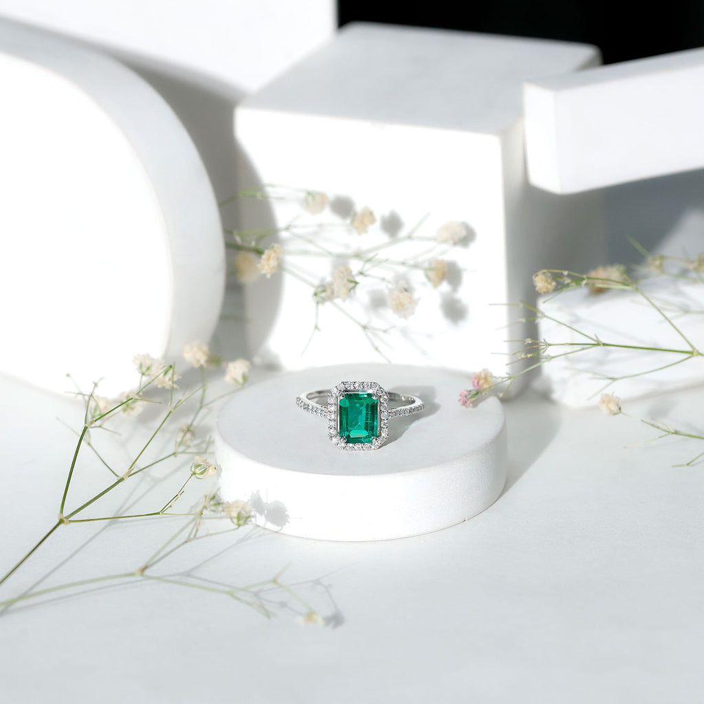 Emerald Engagement Ring – Lab Created Emerald Cut With Moissanite Halo & Side Stones