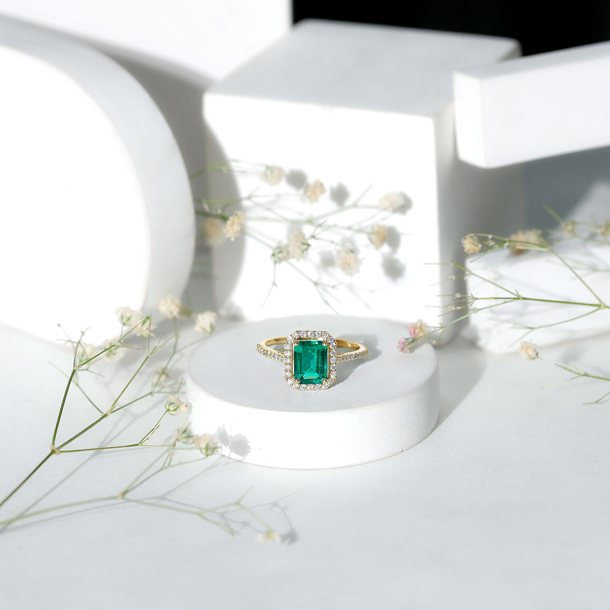 Emerald Engagement Ring – Lab Created Emerald Cut With Moissanite Halo & Side Stones