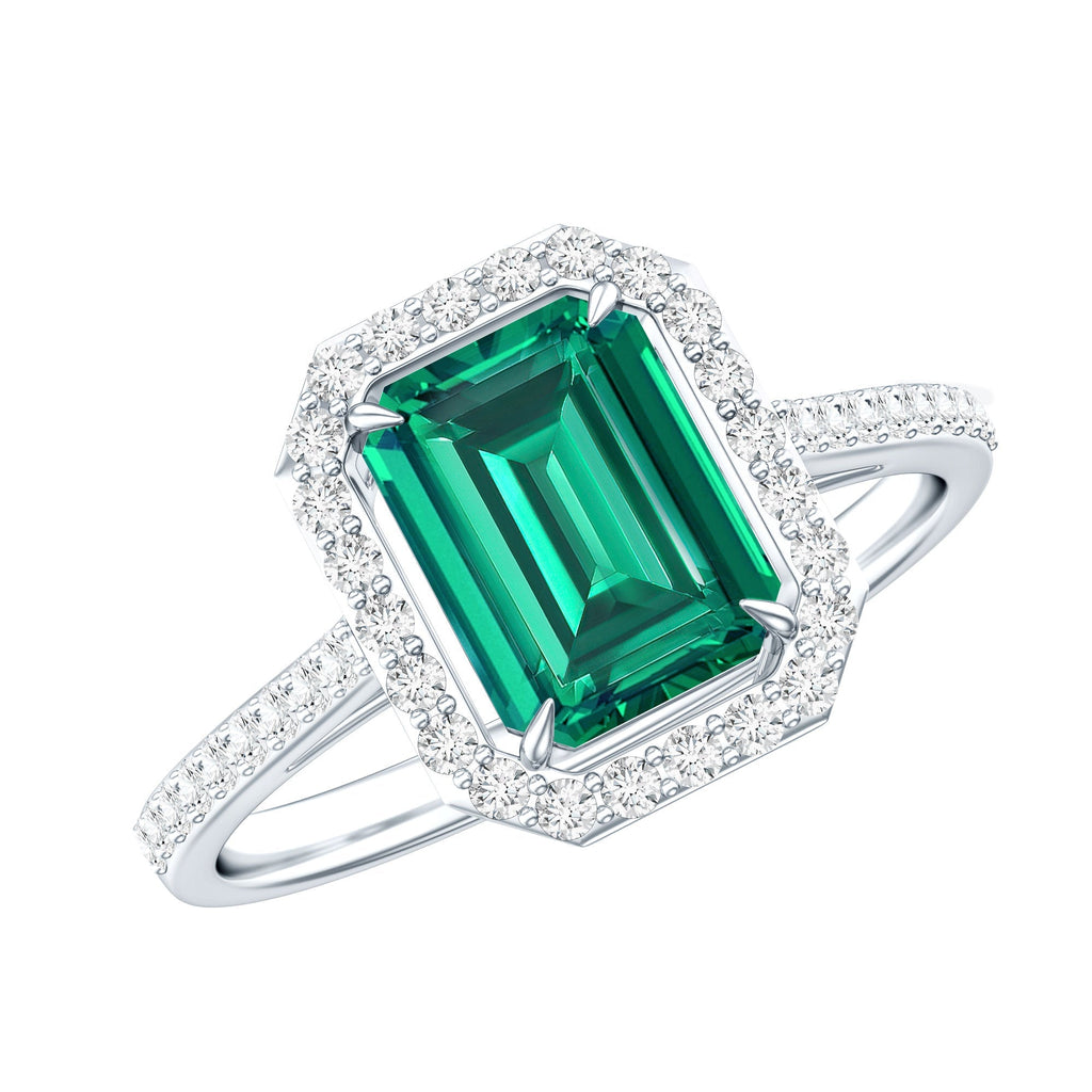 Emerald Engagement Ring – Lab Created Emerald Cut With Moissanite Halo & Side Stones