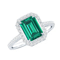 Emerald Engagement Ring – Lab Created Emerald Cut With Moissanite Halo & Side Stones