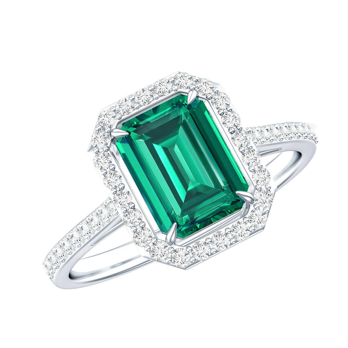Emerald Engagement Ring – Lab Created Emerald Cut With Moissanite Halo & Side Stones