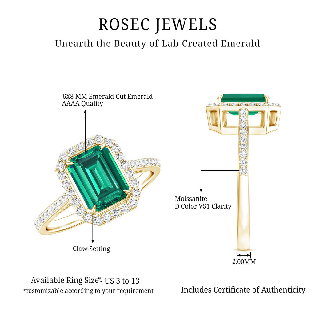Emerald Engagement Ring – Lab Created Emerald Cut With Moissanite Halo & Side Stones