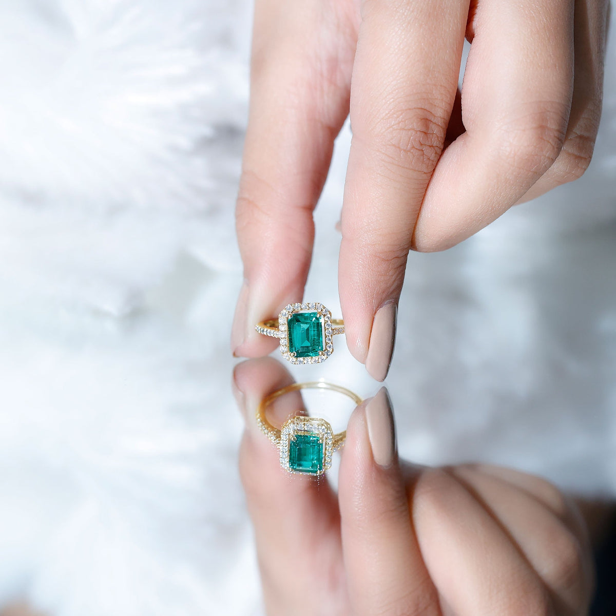 Emerald Engagement Ring – Lab Created Emerald Cut With Moissanite Halo & Side Stones