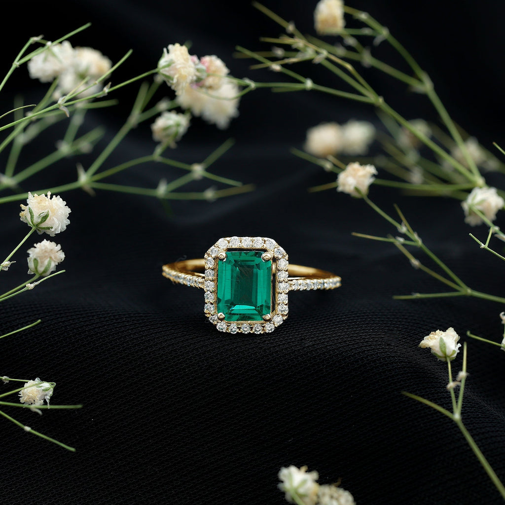 Emerald Engagement Ring – Lab Created Emerald Cut With Moissanite Halo & Side Stones