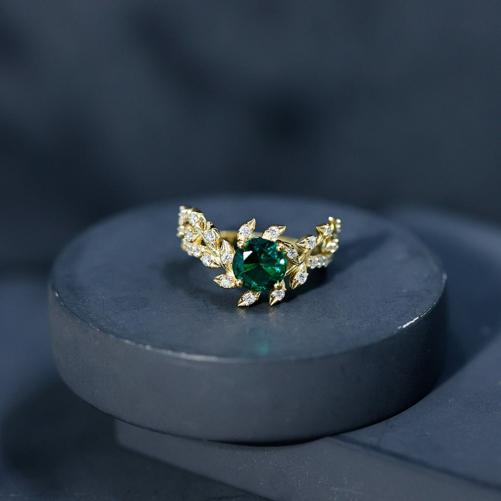 Emerald Engagement Ring – Lab Created Emerald Diamond Vine Ring in 14K Gold Plated Silver