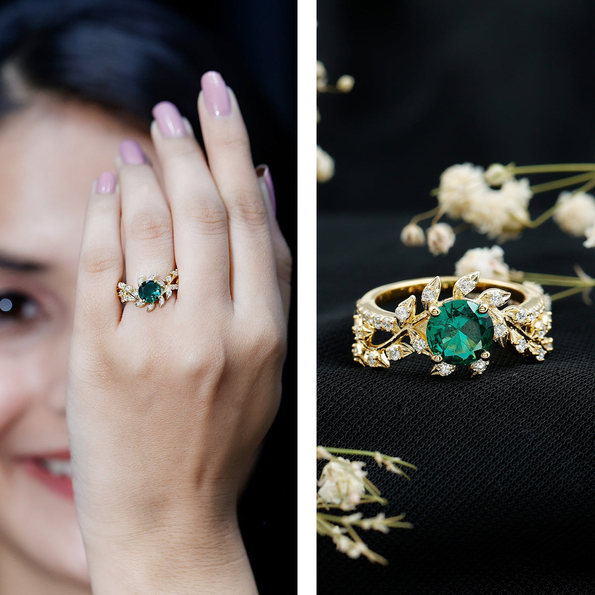 Emerald Engagement Ring – Lab Created Emerald Diamond Vine Ring in 14K Gold Plated Silver