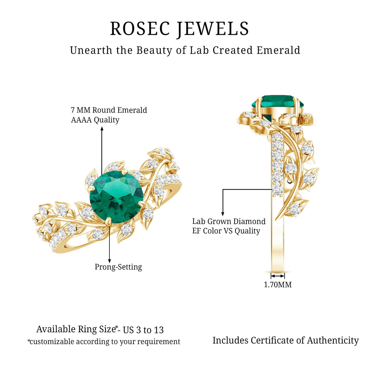 Emerald Engagement Ring – Lab Created Emerald Diamond Vine Ring in 14K Gold Plated Silver
