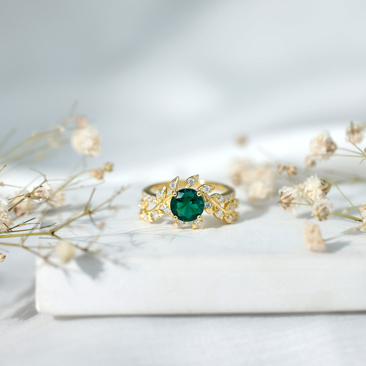 Emerald Engagement Ring – Lab Created Emerald Diamond Vine Ring in 14K Gold Plated Silver