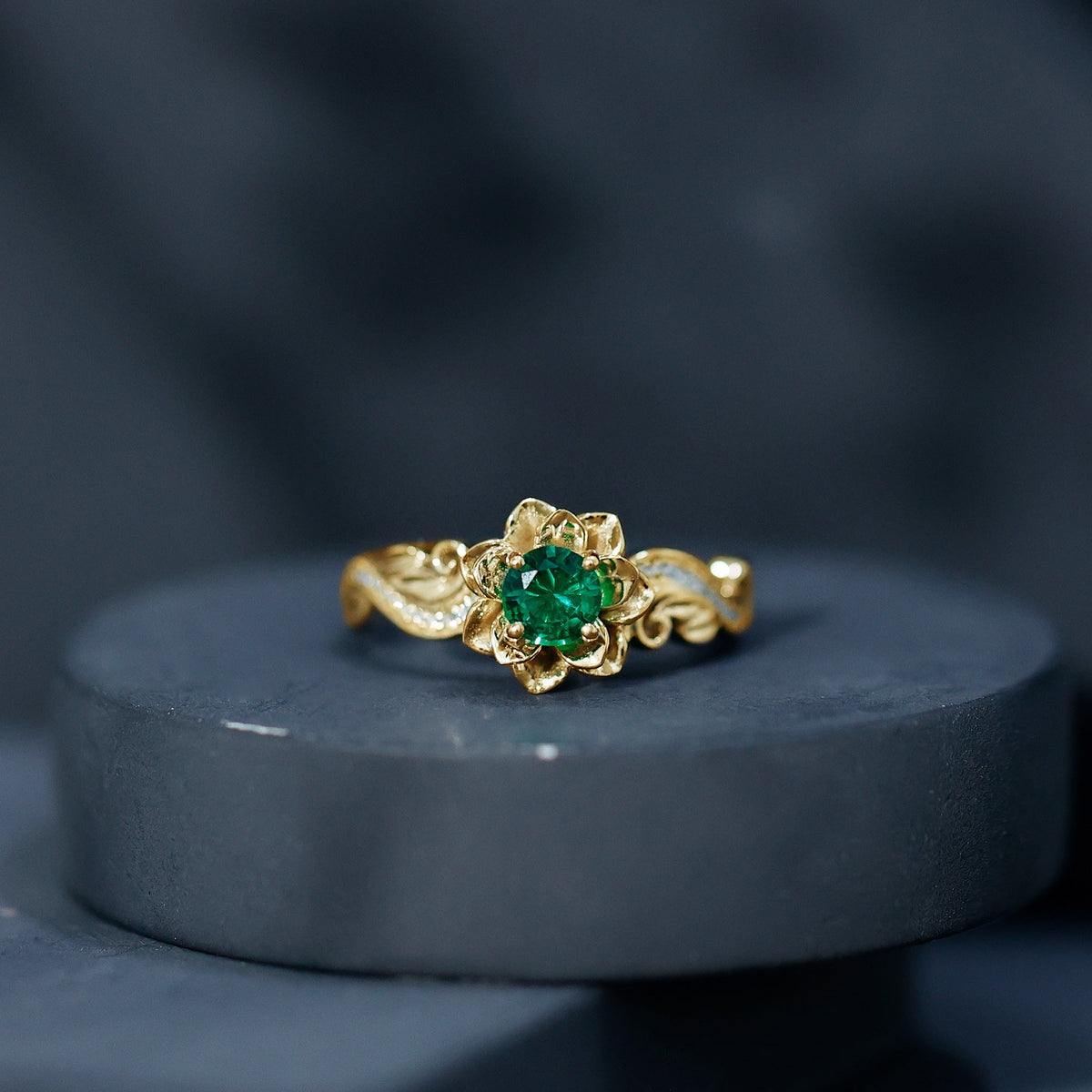 Emerald Engagement Ring – Lab Created Emerald Flower Ring With Sparkling Diamonds