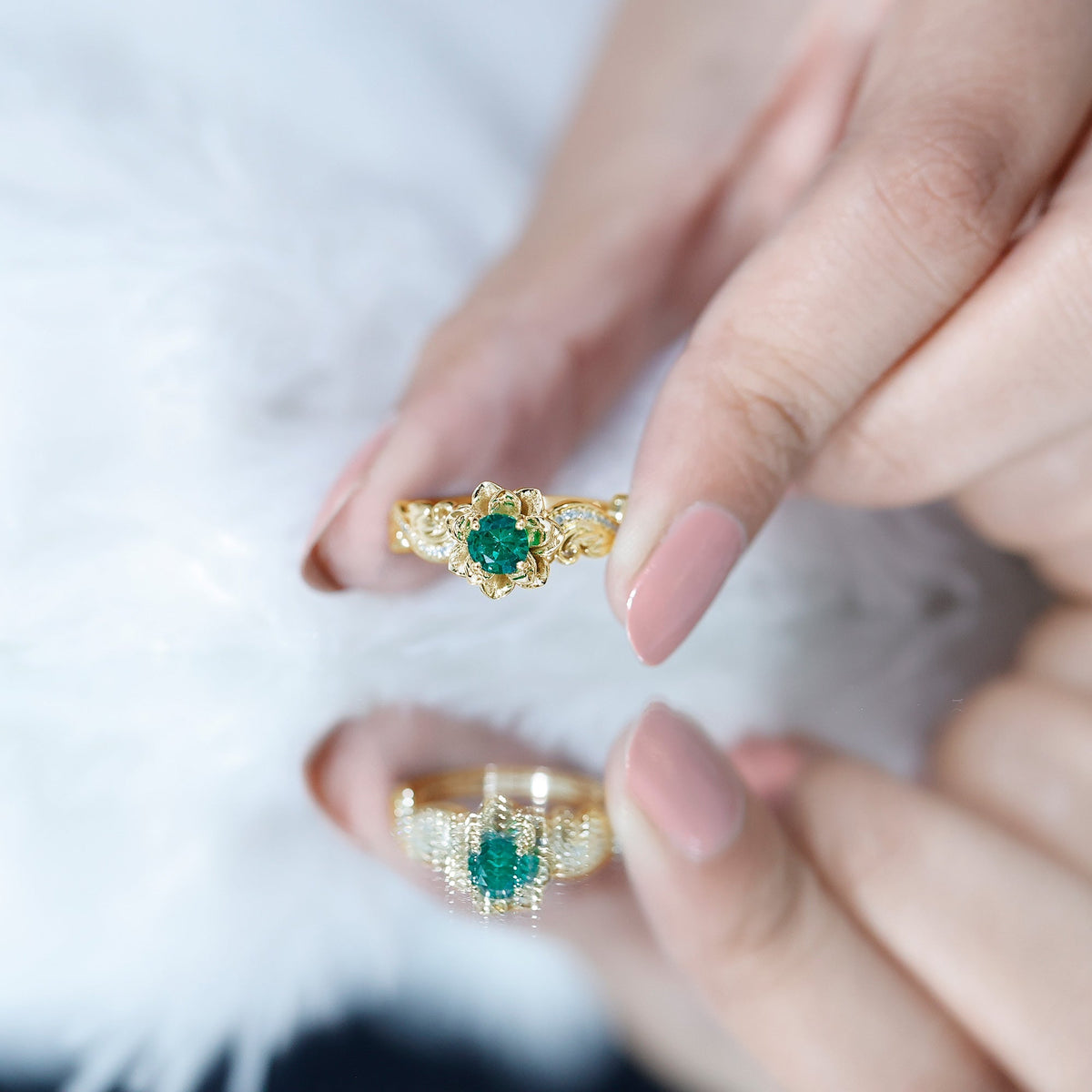 Emerald Engagement Ring – Lab Created Emerald Flower Ring With Sparkling Diamonds